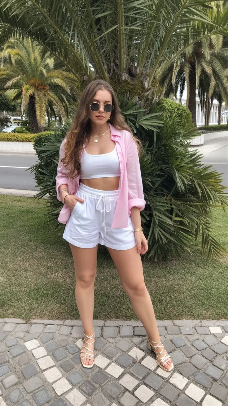 summer pool party outfits for women 2026 Pink shirt layering with relaxed white shorts