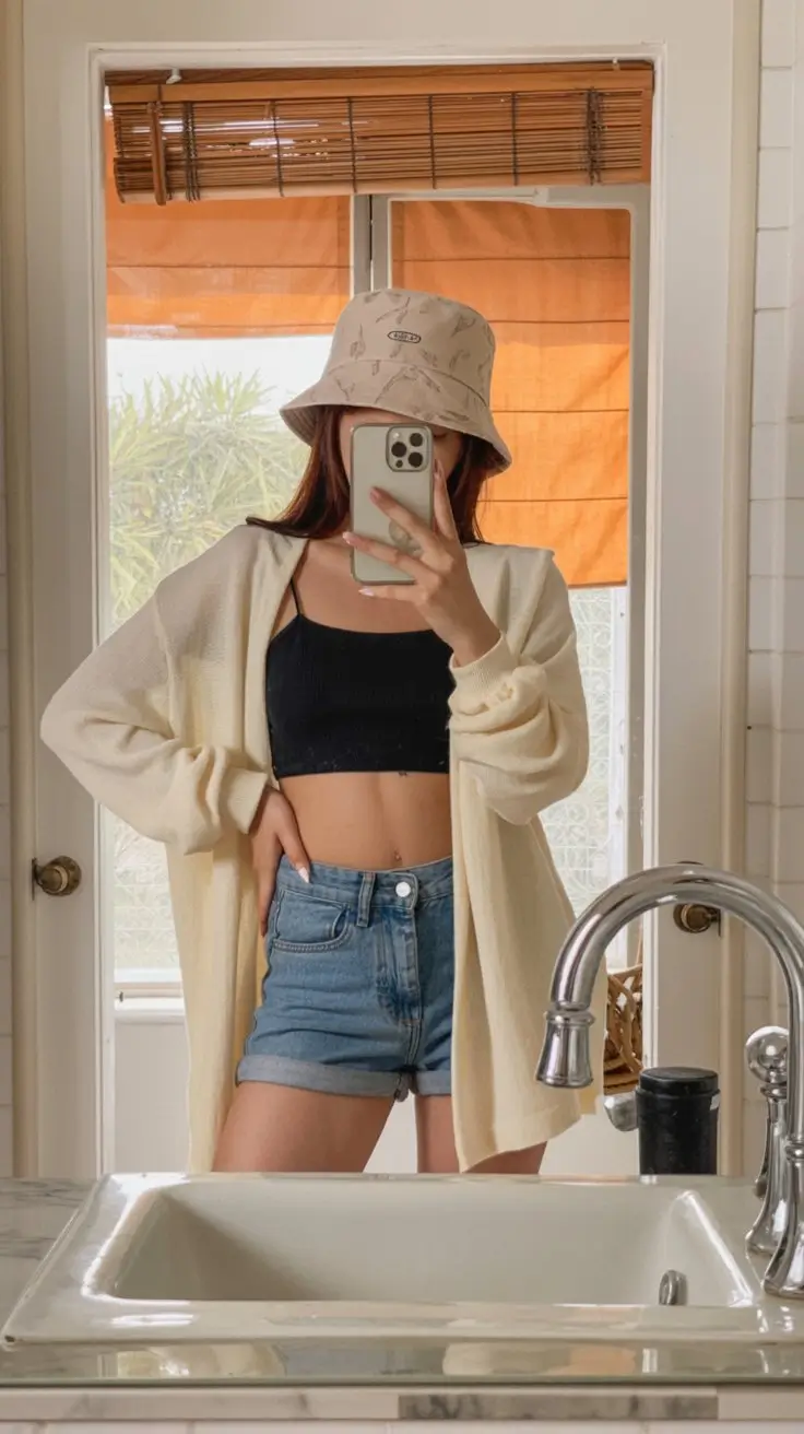 summer pool party outfits for women 2026 Denim shorts and cardigan with relaxed off duty vibe