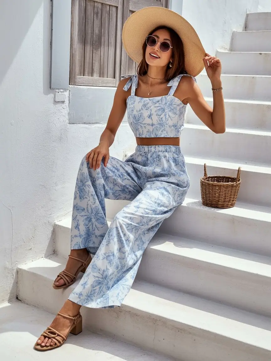 summer pool party outfits for women 2026 Blue floral co ord with soft European summer feel