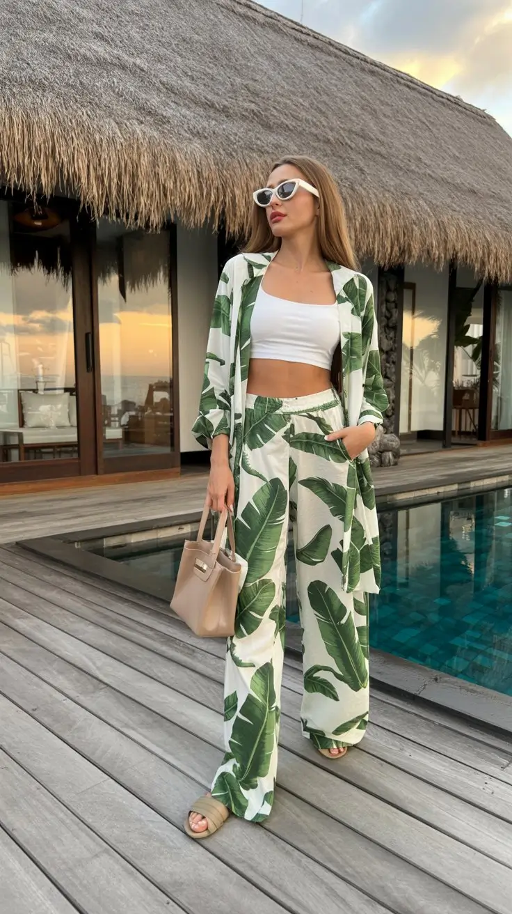 summer pool party outfits for women 2026 Tropical printed set with bold resort mood