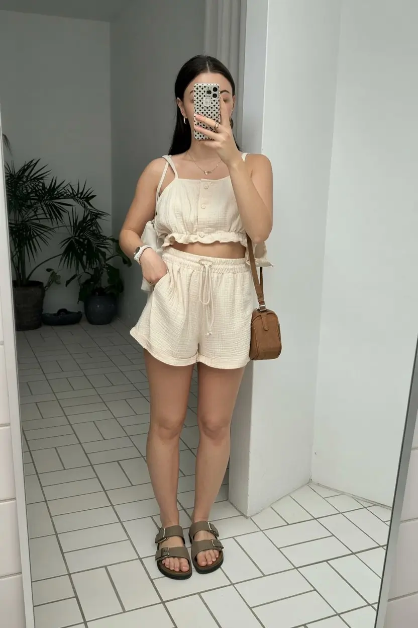 summer pool party outfits for women 2026 Soft beige co ord with relaxed everyday comfort