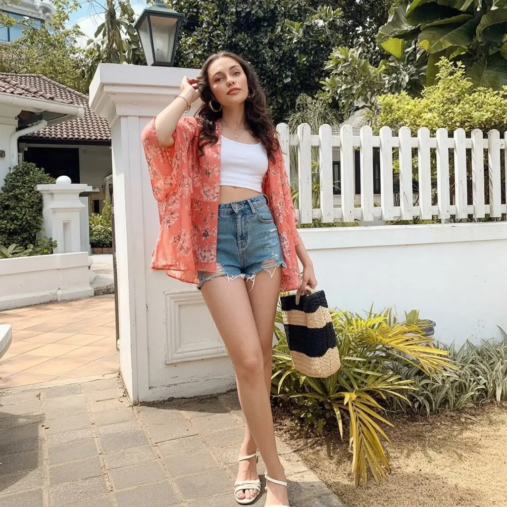 summer pool party outfits for women 2026 Denim shorts with floral kimono for a playful summer mix