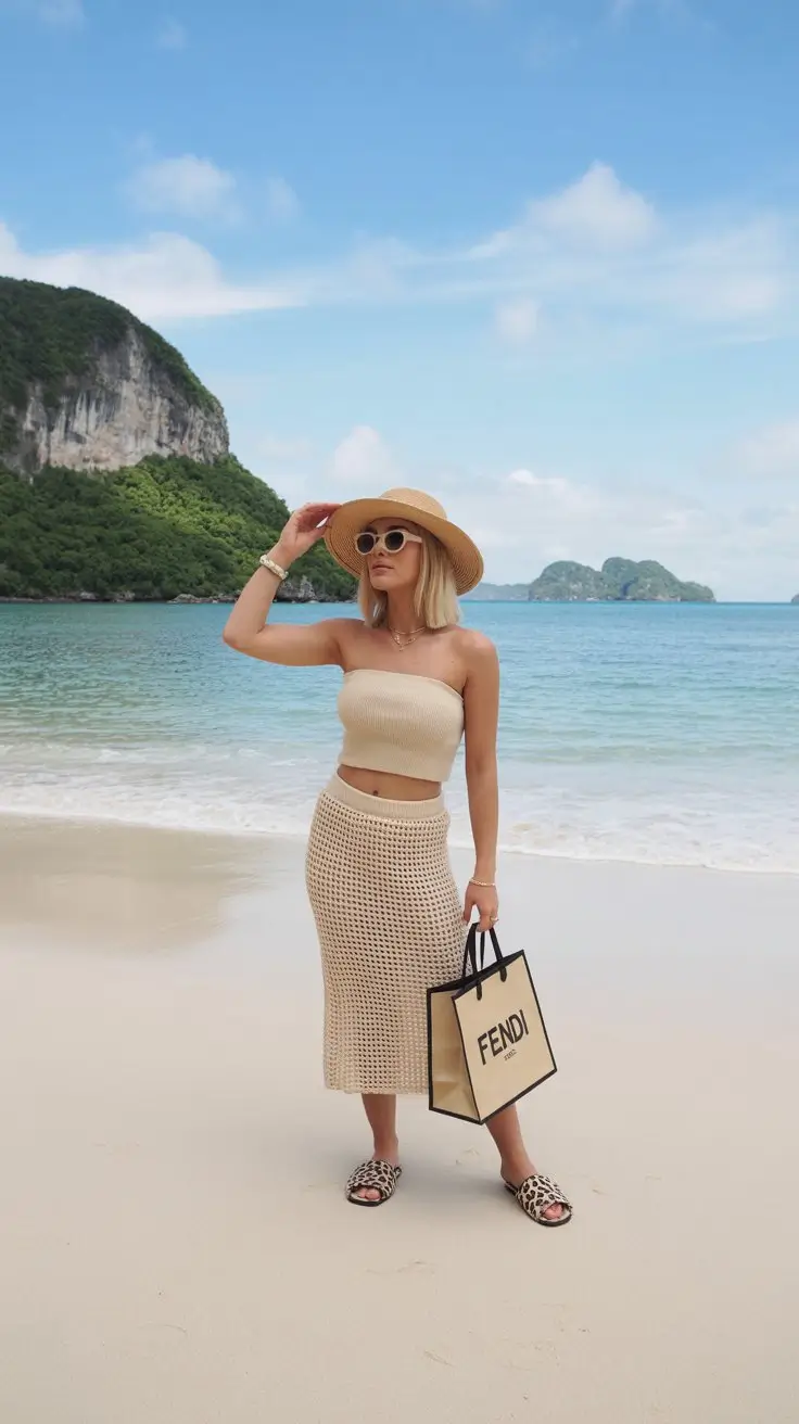 summer pool party outfits for women 2026 Neutral crochet set with modern beach elegance