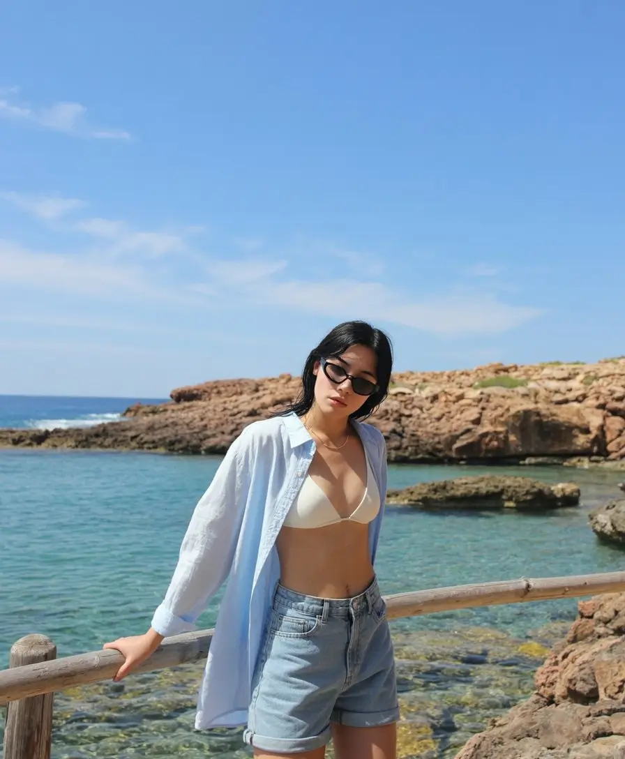 summer pool party outfits for women 2026 Denim shorts and bikini top with oversized shirt