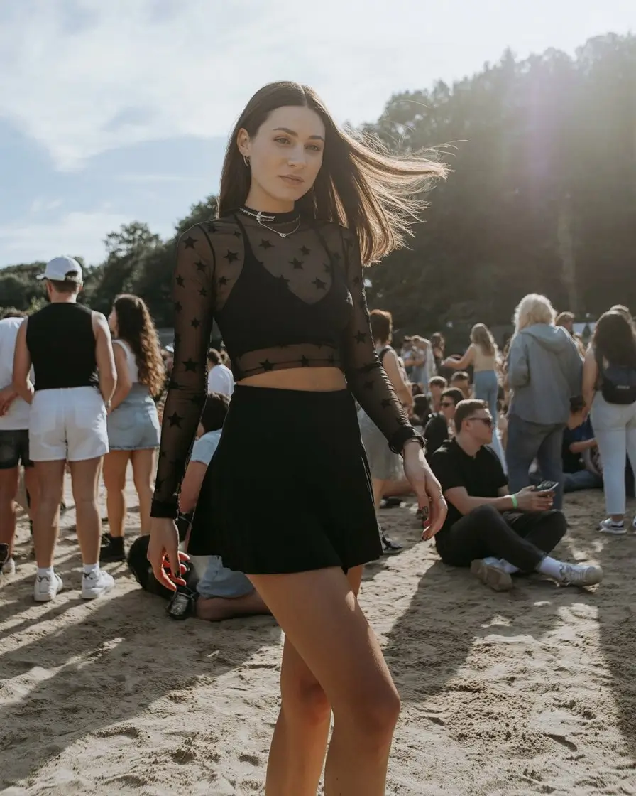 summer rave outfit for women 2026 Soft techno beach look with sheer layers and movement