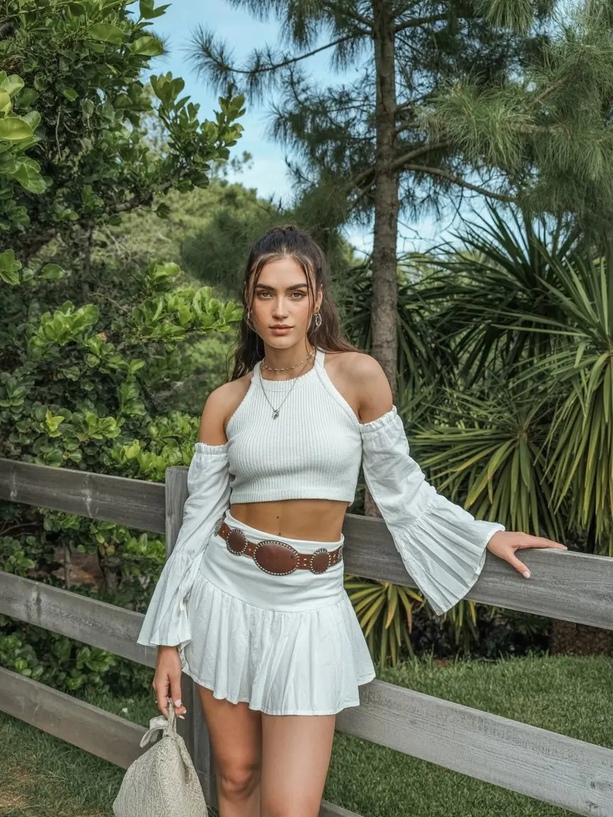 summer rave outfit for women 2026 Soft white feminine set with flowing sleeves and skirt