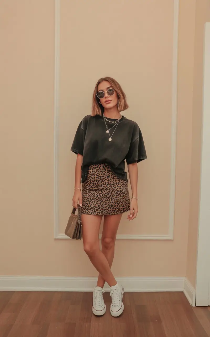 summer rave outfit for women 2026 Effortless leopard mini with oversized tee energy