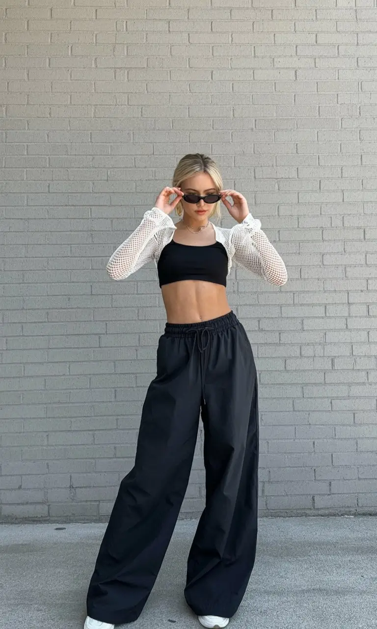 summer rave outfit for women 2026 Sporty mesh layering with wide leg comfort