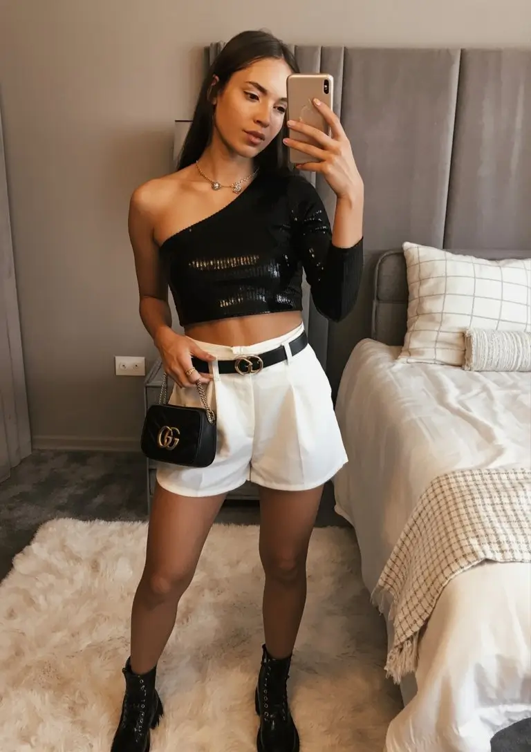 summer rave outfit for women 2026 Asymmetrical black and white look with modern edge