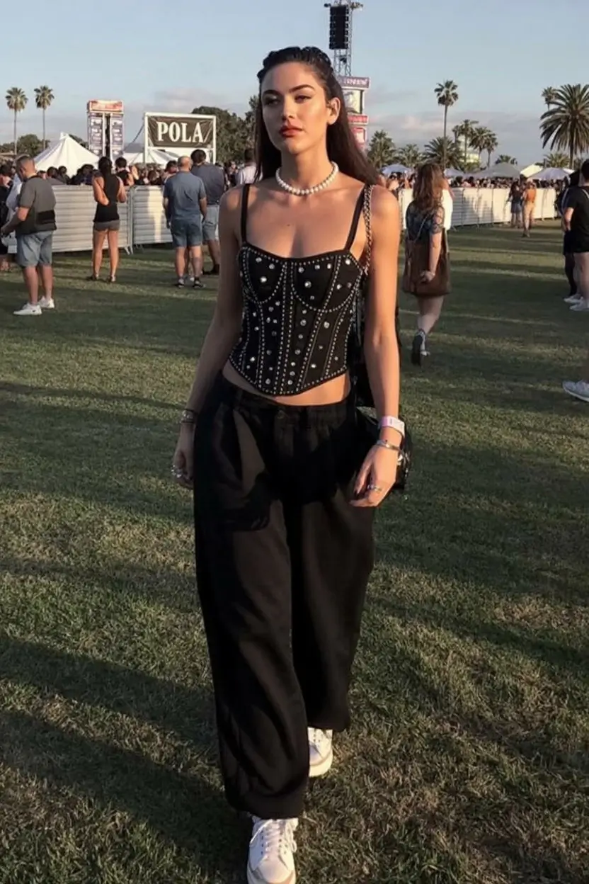 summer rave outfit for women 2026 Modern goth rave look with corset and wide leg pants