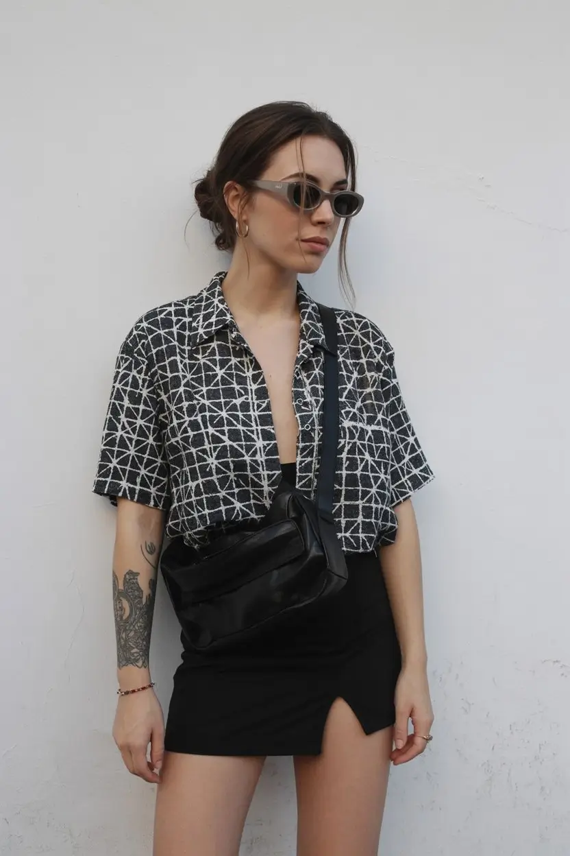 summer rave outfit for women 2026 Relaxed techno layering with a printed shirt and mini skirt