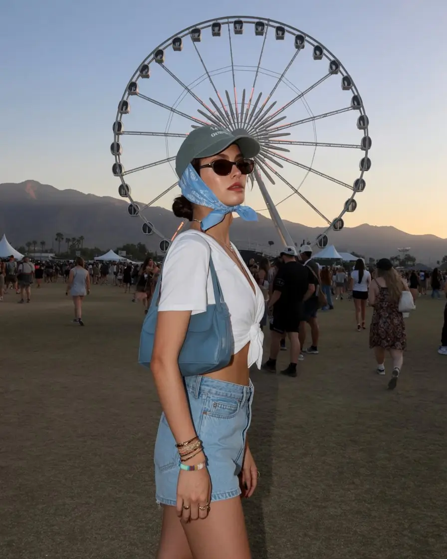 summer rave outfit for women 2026 Casual festival denim with a soft blue aesthetic