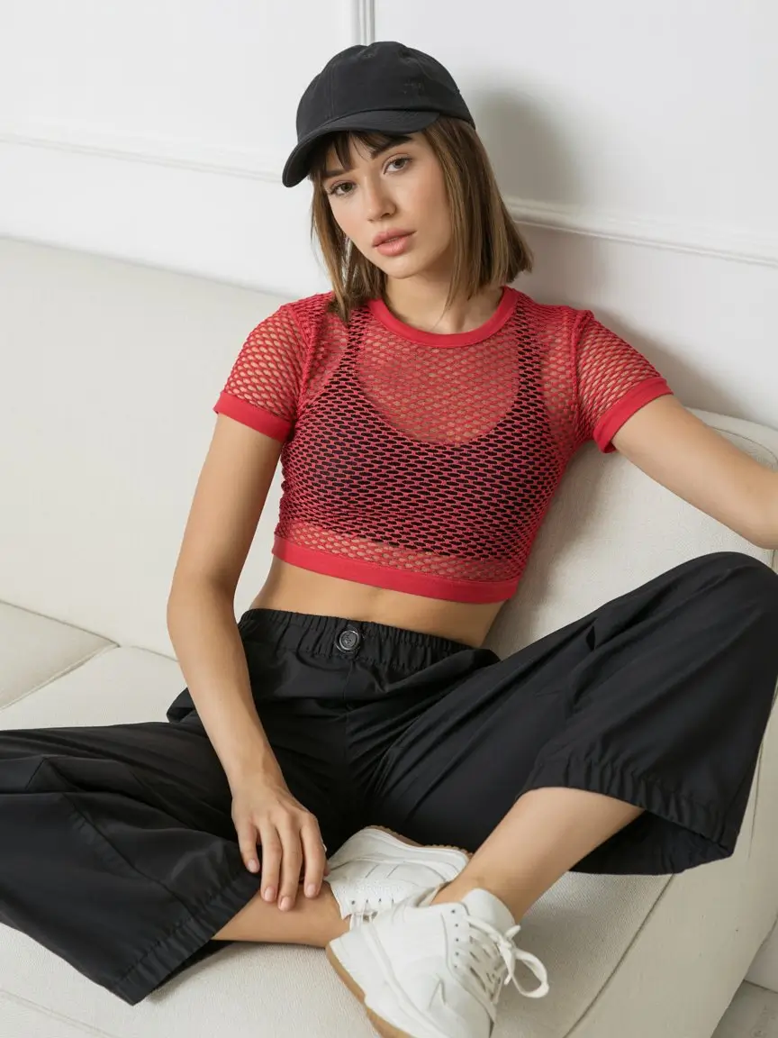 summer rave outfit for women 2026 Sporty mesh top with bold color contrast