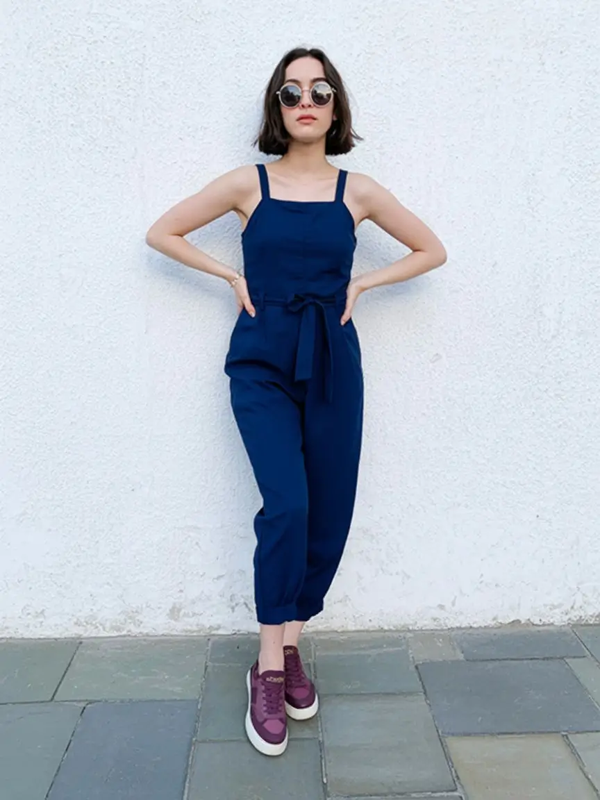 Summer Romper Outfits For Women 2026 Navy tailored romper with sneakers for modern minimal confidence