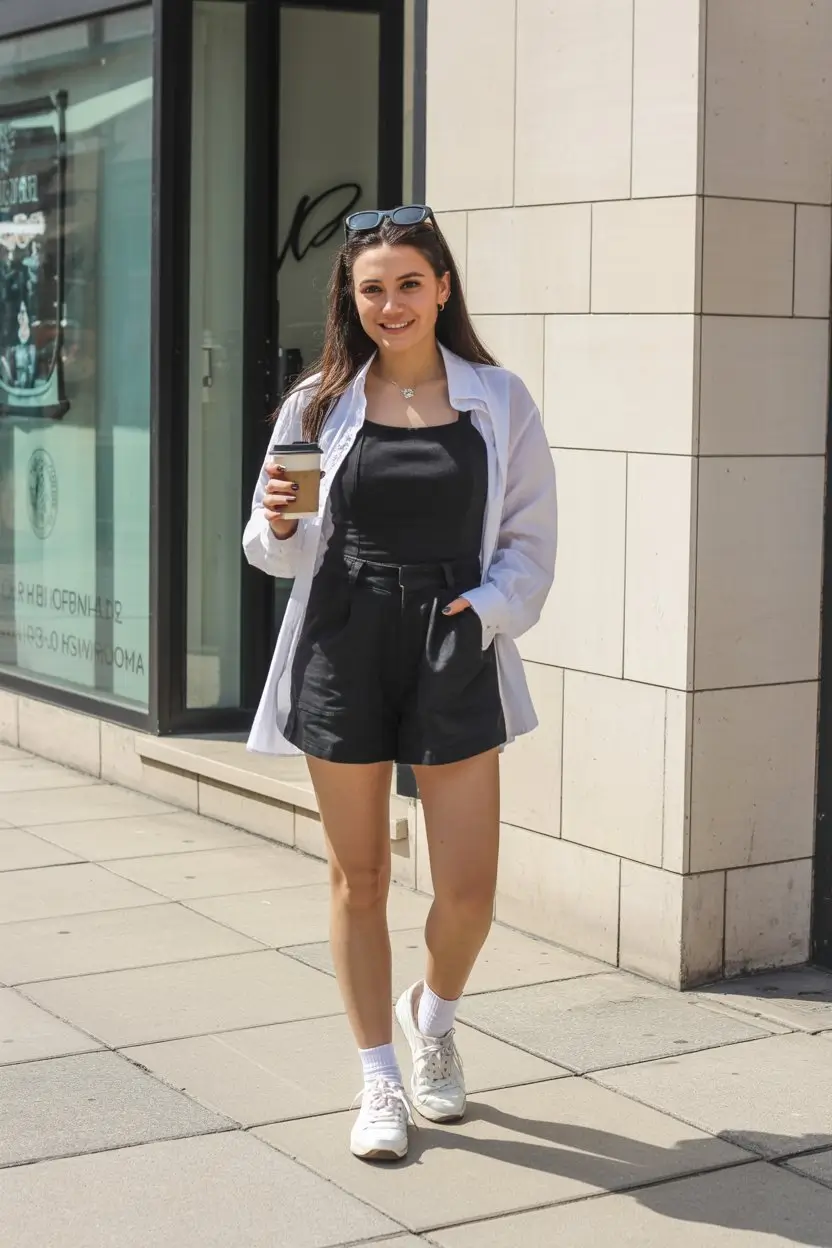 Summer Romper Outfits For Women 2026 Black romper with oversized shirt for effortless coffee run style