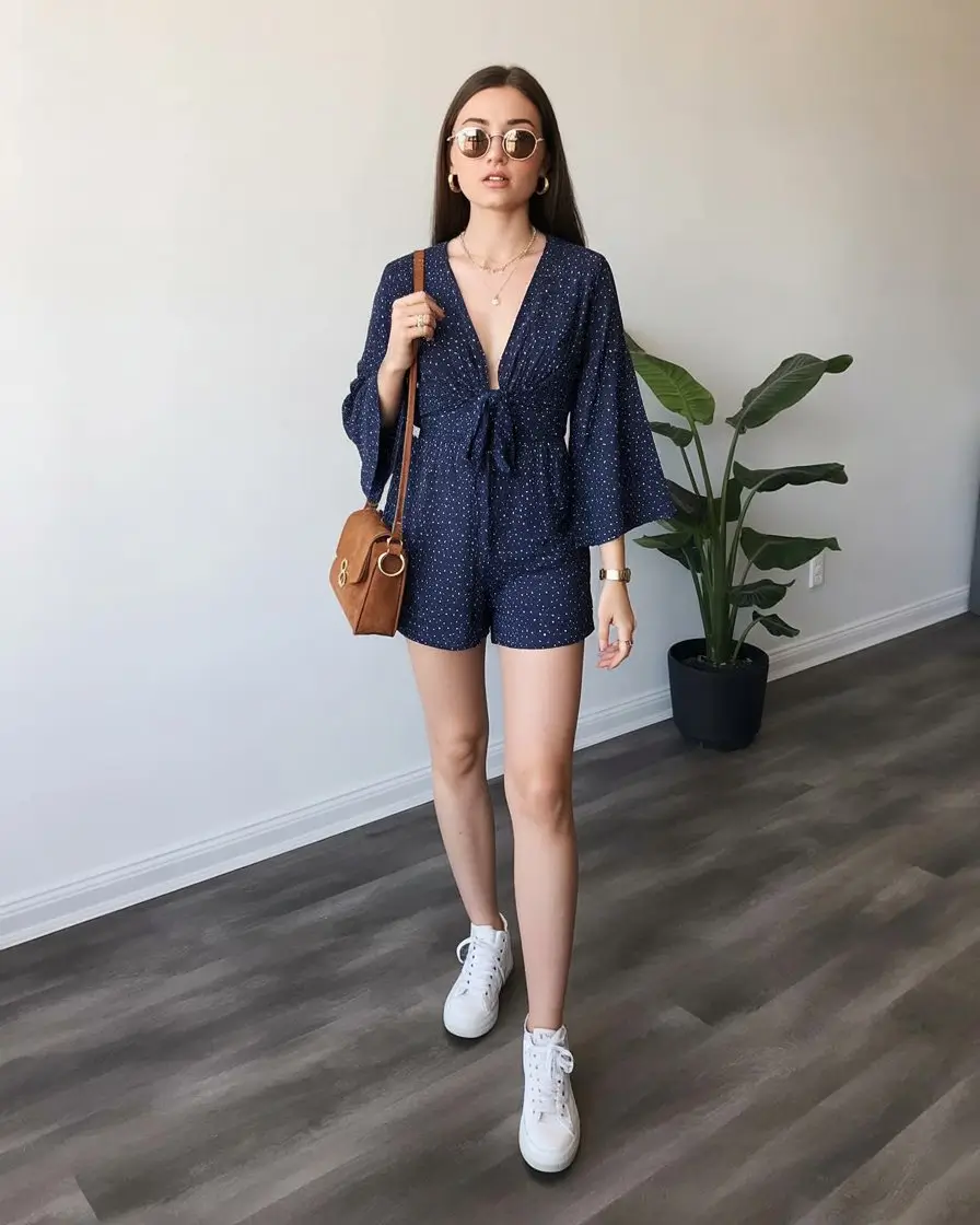 Summer Romper Outfits For Women 2026 Dark blue flowy romper with soft sleeves for feminine balance