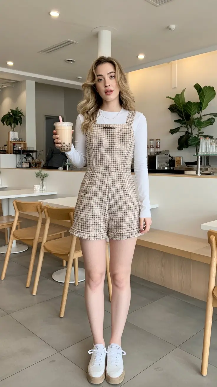 Summer Romper Outfits For Women 2026 Soft neutral romper layered for casual chic café moments