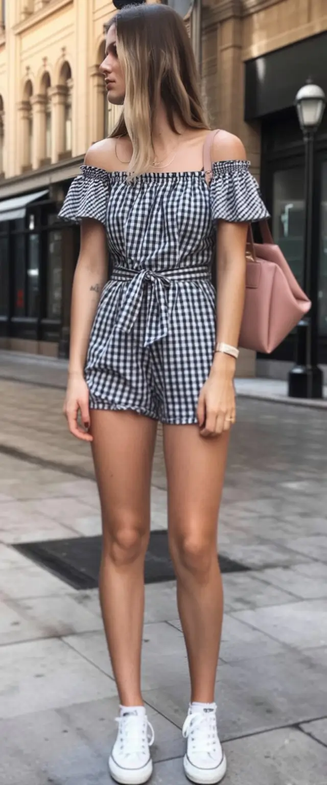 Summer Romper Outfits For Women 2026 Gingham off shoulder romper with sneakers for relaxed city days