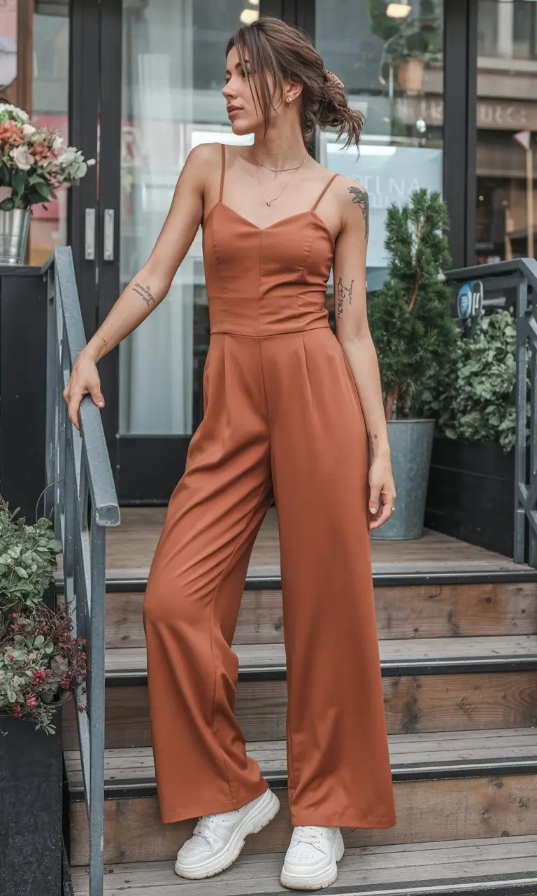 Summer Romper Outfits For Women 2026 Terracotta wide leg romper with sneakers for modern earthy style