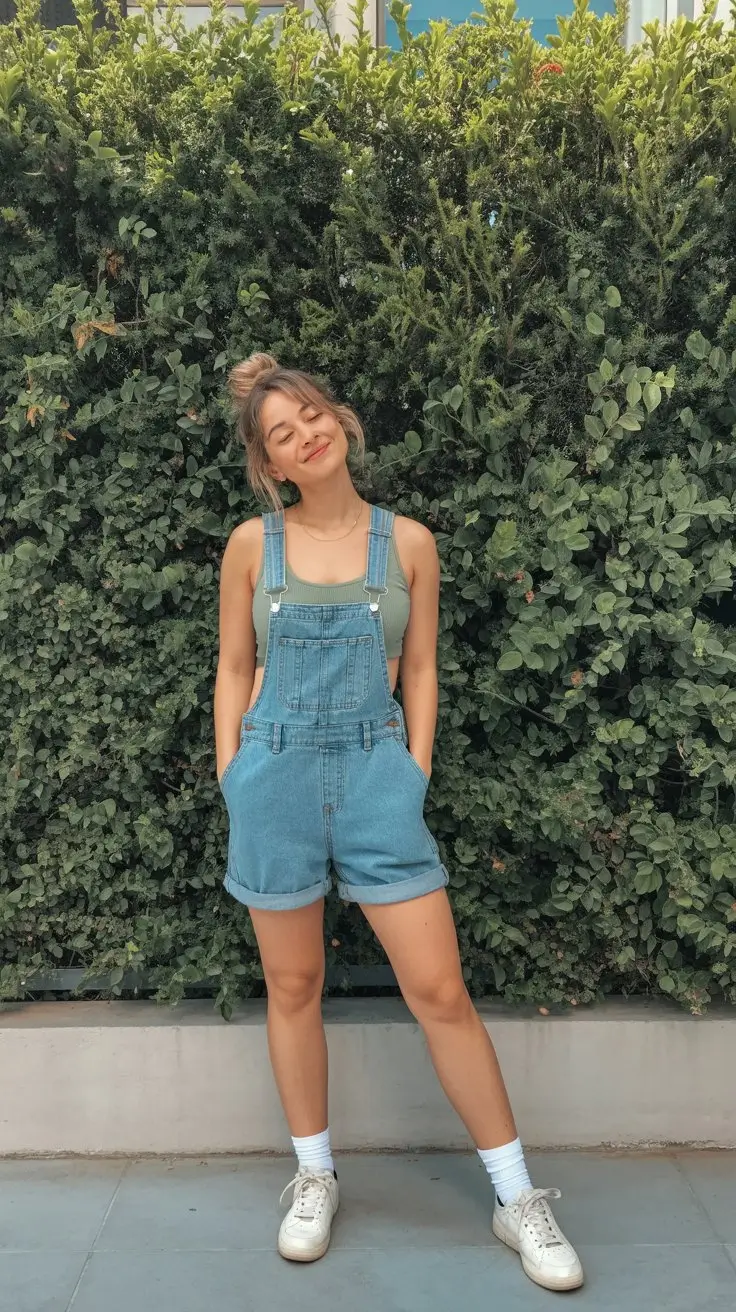 Summer Romper Outfits For Women 2026 Denim overall romper with tank top for playful casual summer vibe