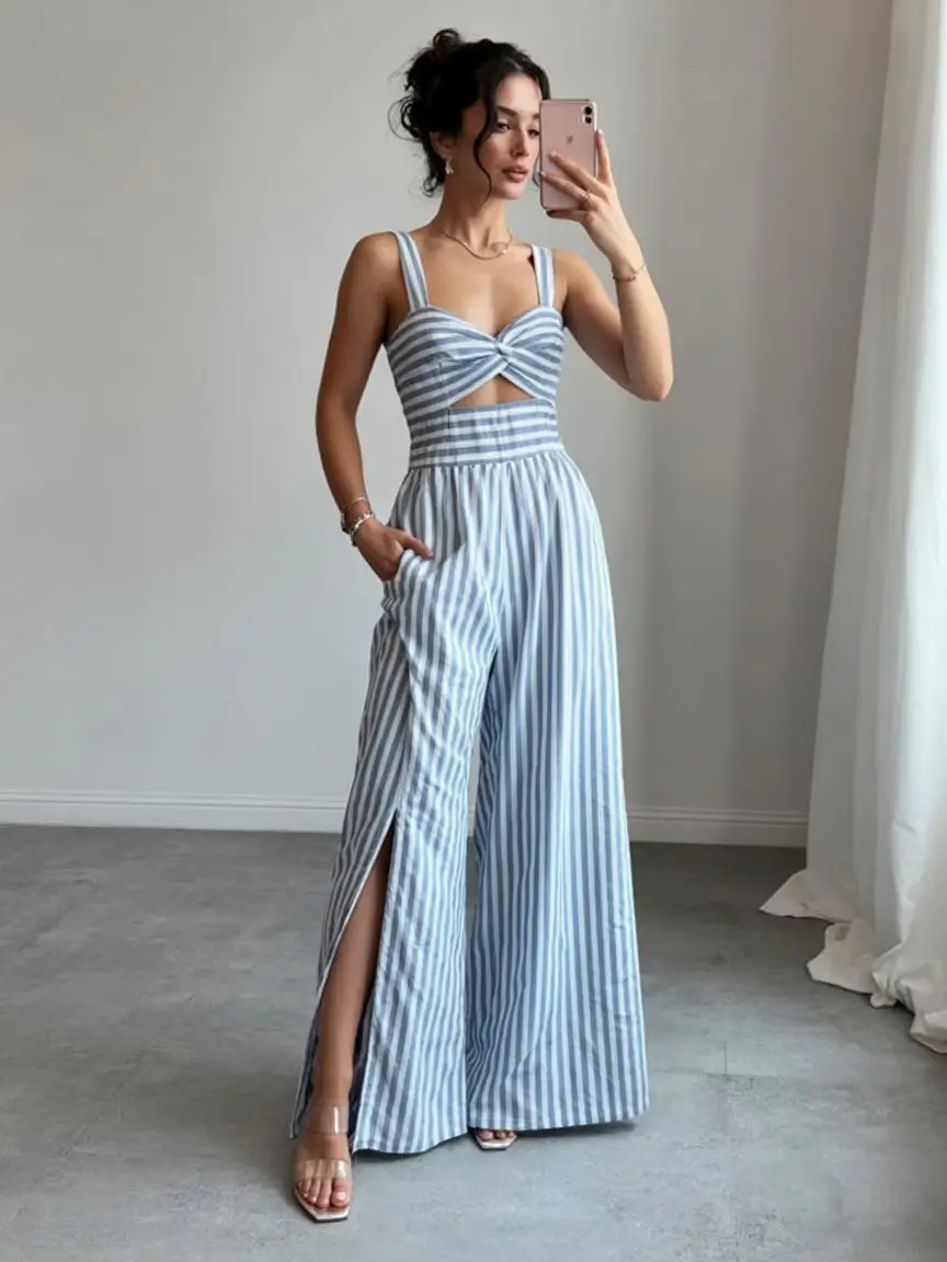 Summer Romper Outfits For Women 2026 Flowy striped wide leg romper for effortless summer movement