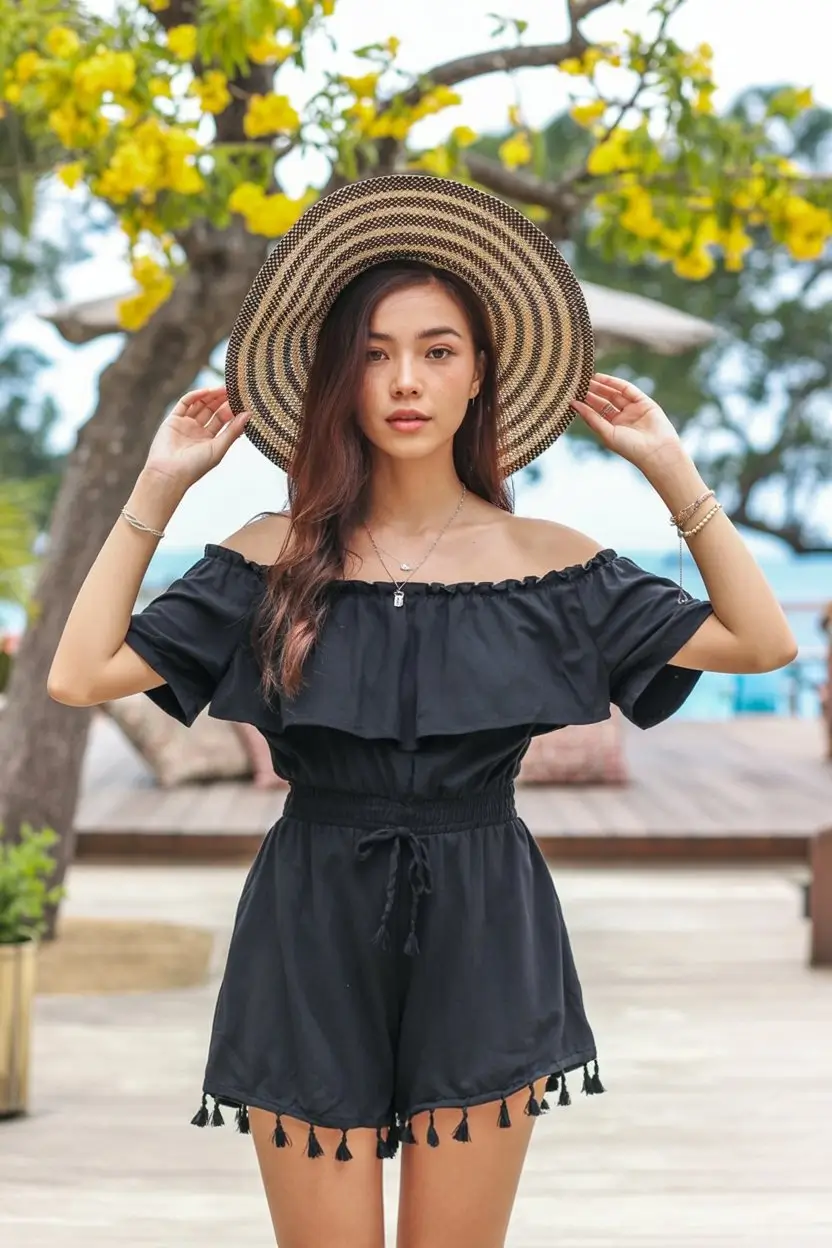 Summer Romper Outfits For Women 2026 Off shoulder black romper with hat for beach boho vibes