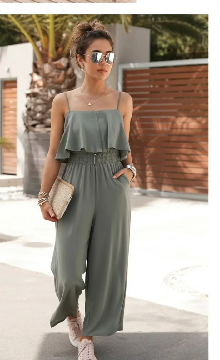 Summer Romper Outfits For Women 2026 Olive flowy romper styled for effortless everyday elegance
