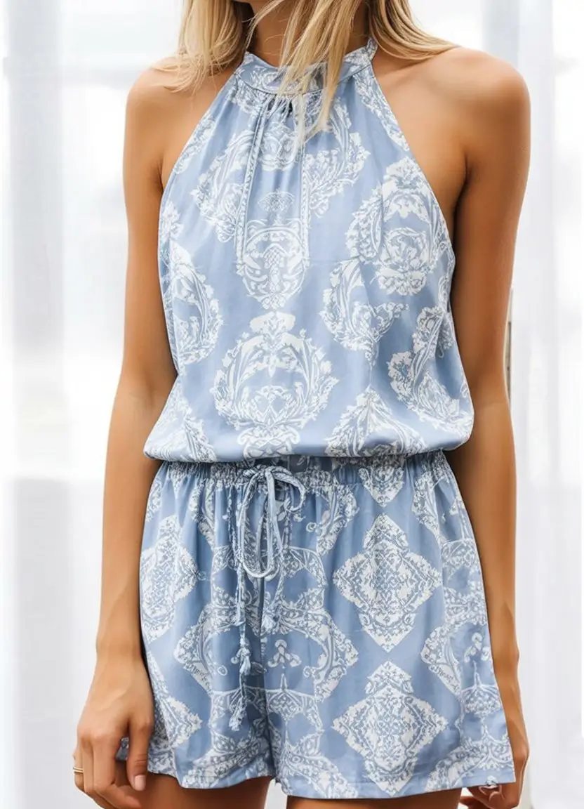 Summer Romper Outfits For Women 2026 Soft blue printed romper with flowy silhouette for relaxed days