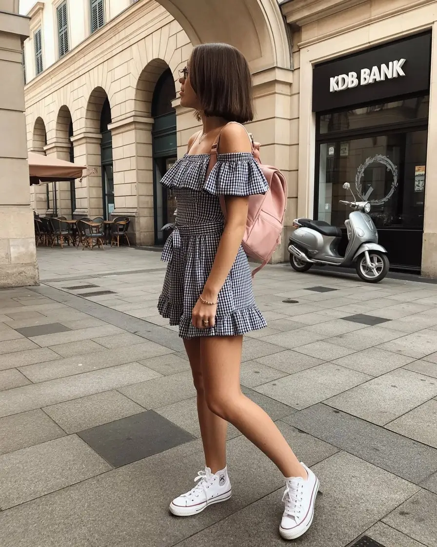 Summer Romper Outfits For Women 2026 Gingham off shoulder romper styled with sneakers for city walks
