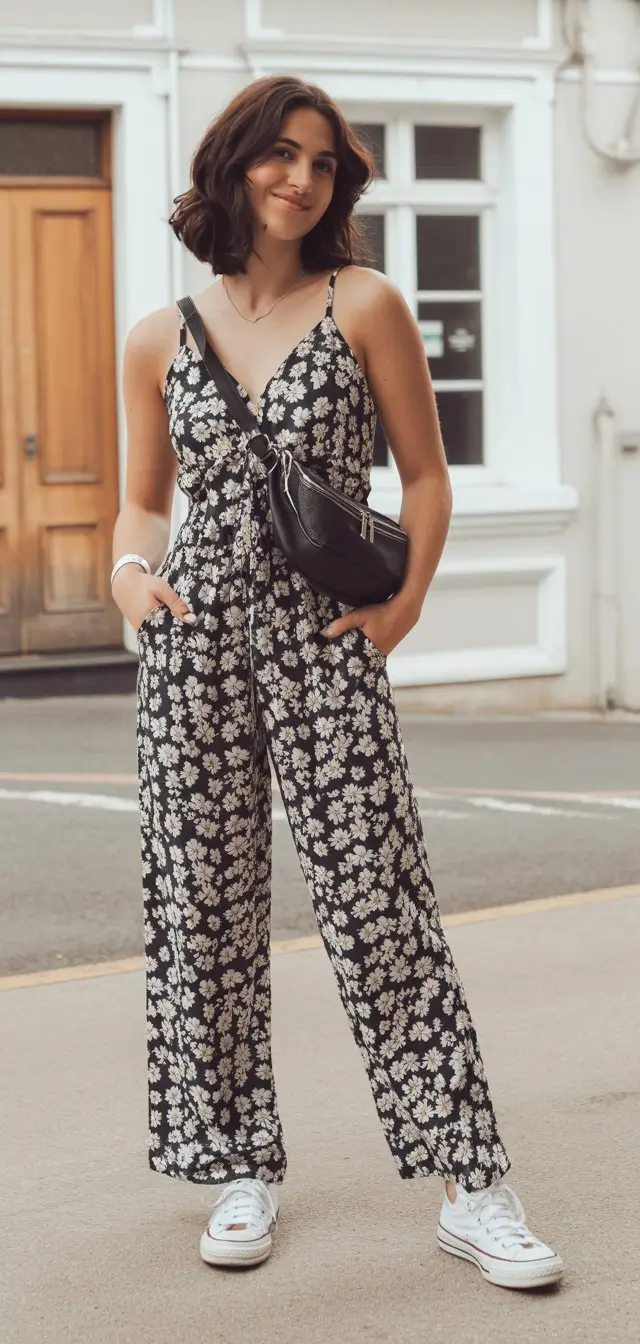 Summer Romper Outfits For Women 2026 Black floral wide leg romper with sneakers for effortless everyday style