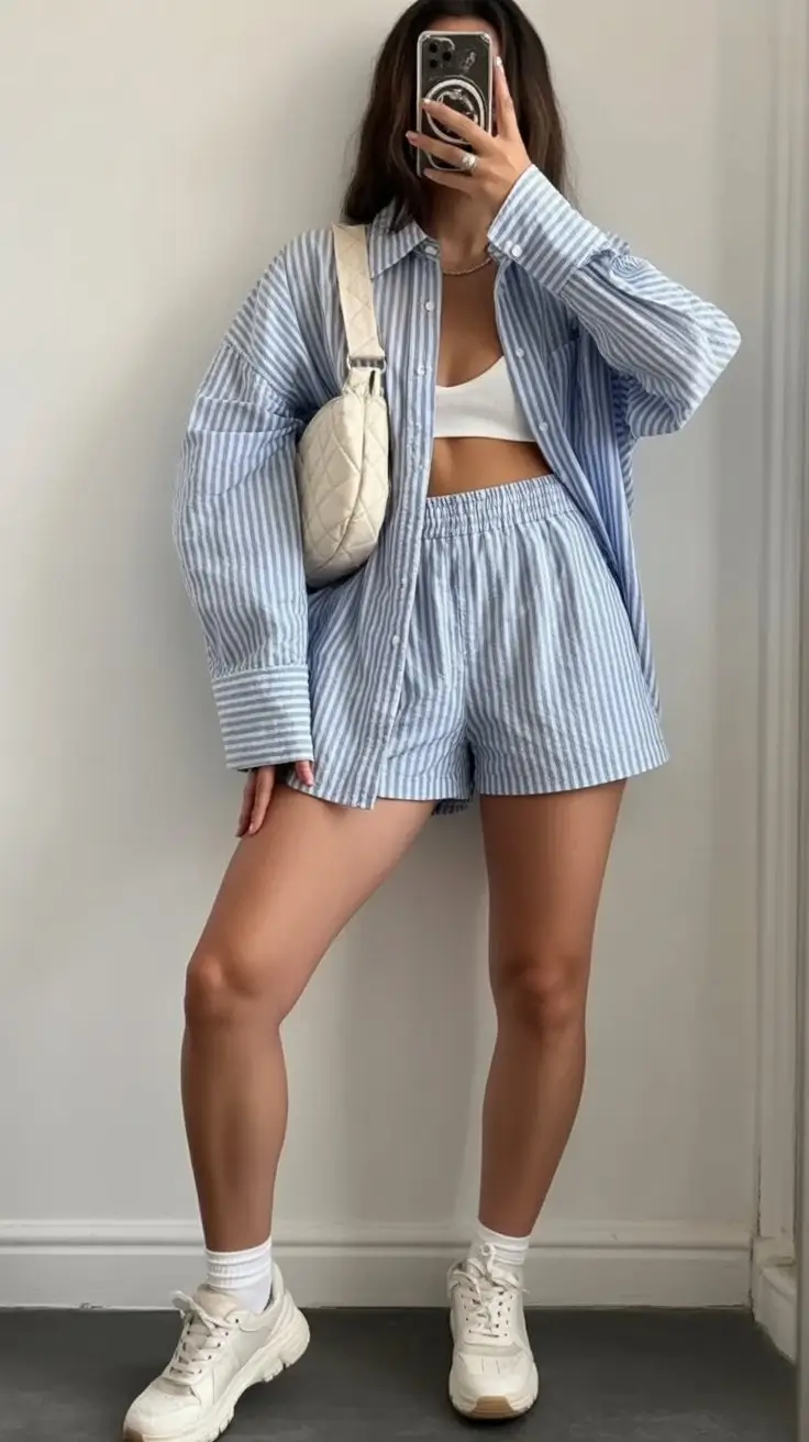 summer set outfits for women 2026 Striped Blue Shirt and Shorts That Feel Relaxed and Borrowed