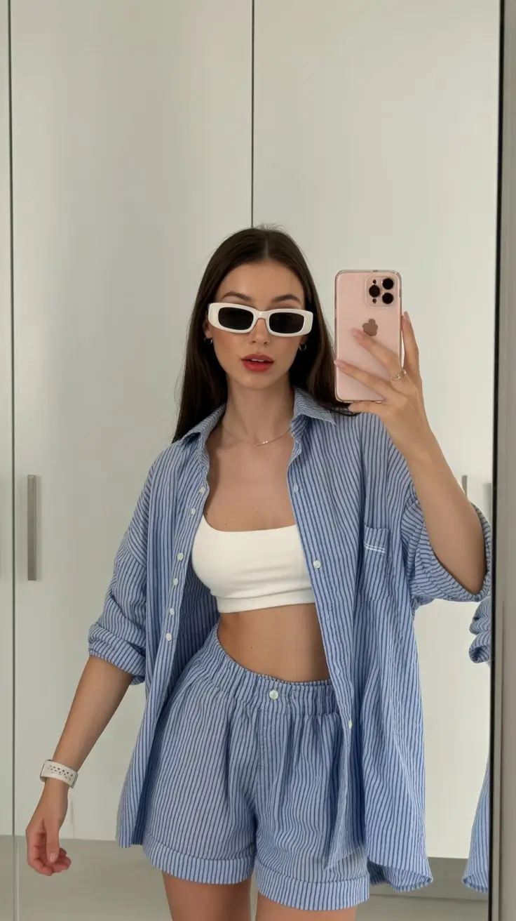 summer set outfits for women 2026 Striped Blue Lounge Set That Feels Relaxed but Styled