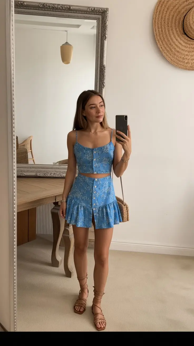 summer set outfits for women 2026 Blue Floral Mini Set That Feels Playful and Light
