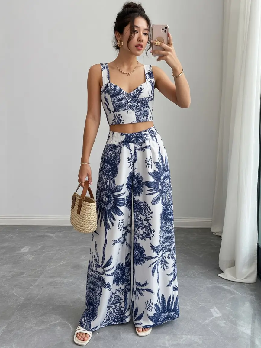 summer set outfits for women 2026 Blue and White Printed Set That Feels Like Vacation Energy