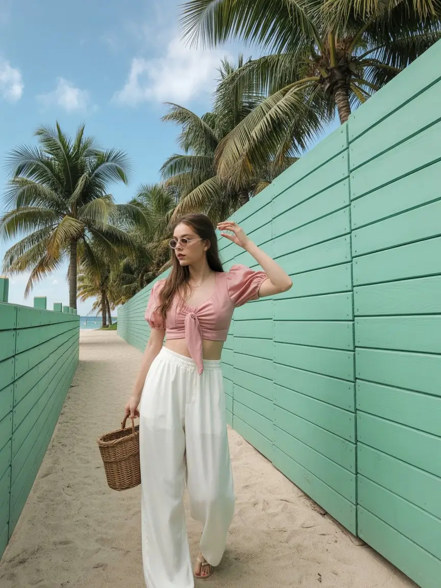 summer set outfits for women 2026 Pink Top and White Pants That Feel Like a Coastal Morning