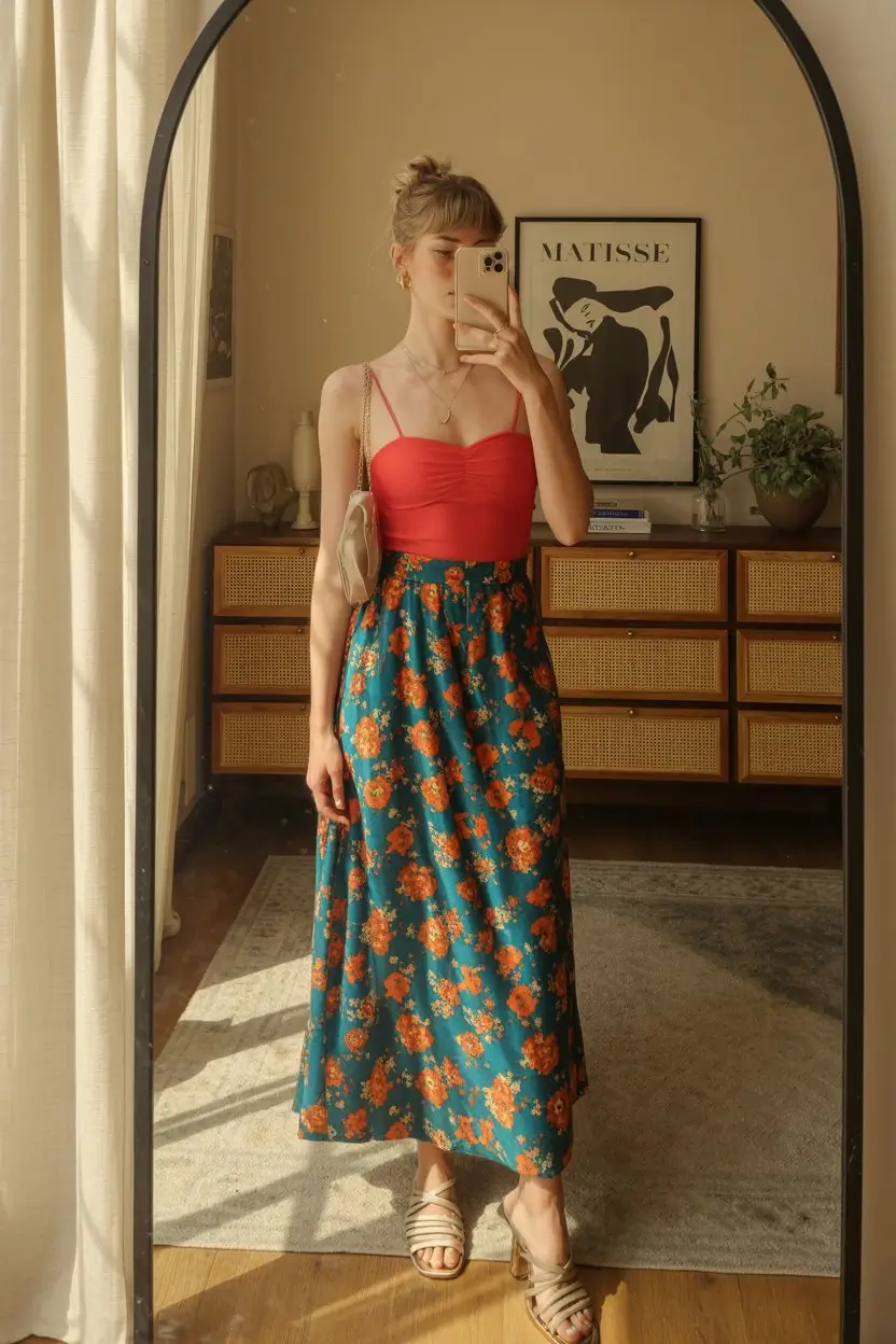 summer skirt outfits 2026 Floral Midi Skirt With a Bold Summer Twist