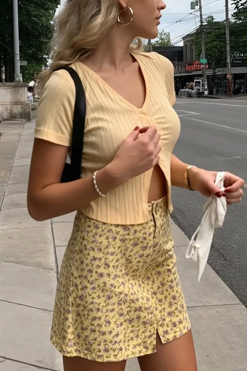 summer skirt outfits 2026 Yellow Floral Mini With a Soft Retro Mood
