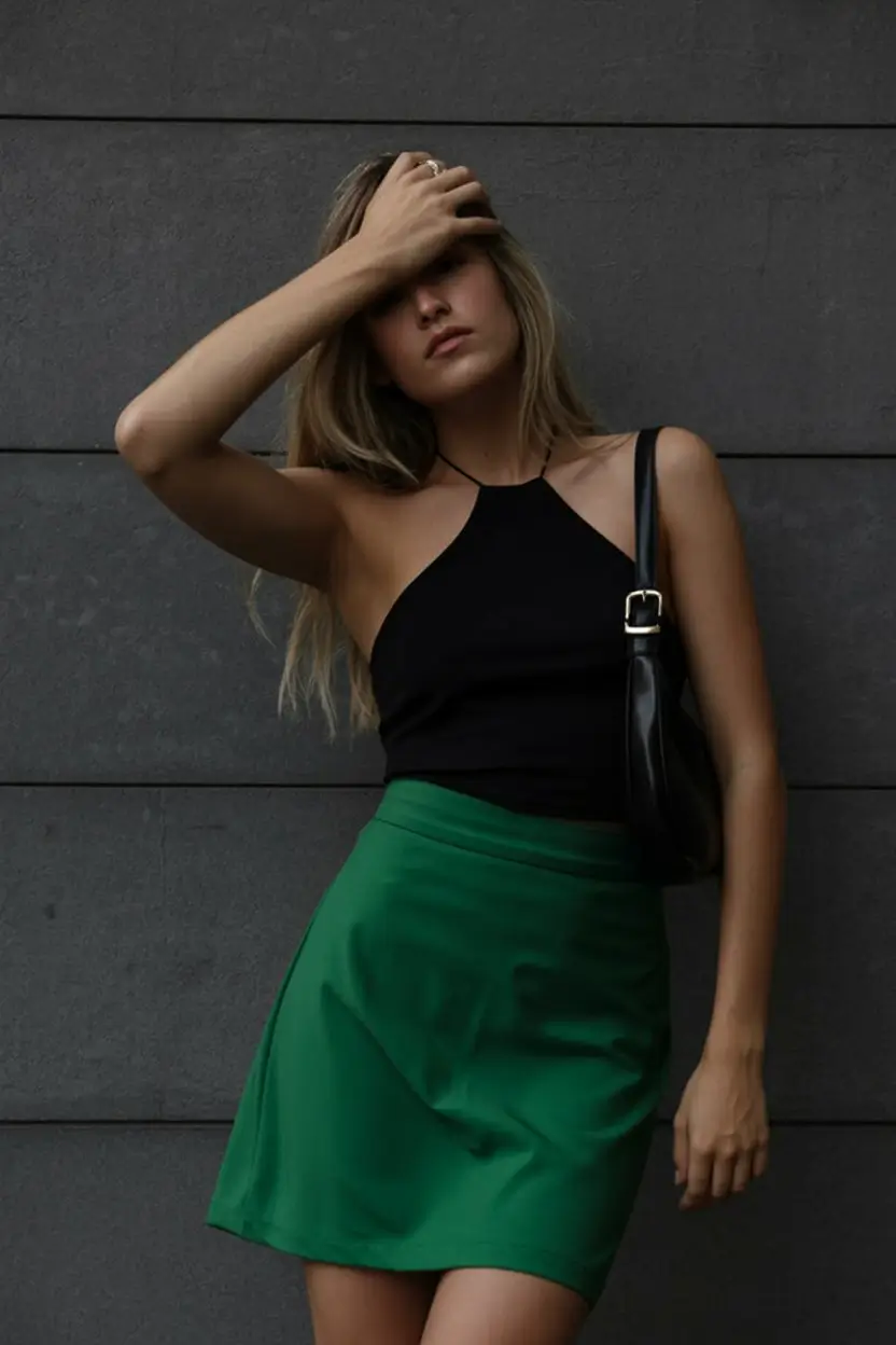 summer skirt outfits 2026 Emerald Mini Skirt With Sleek Black Top Energy