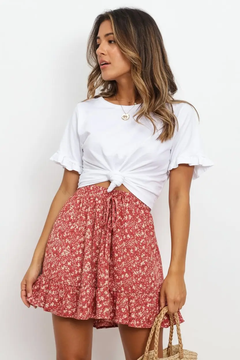 summer skirt outfits 2026 Red Floral Mini Skirt With Relaxed White Tee