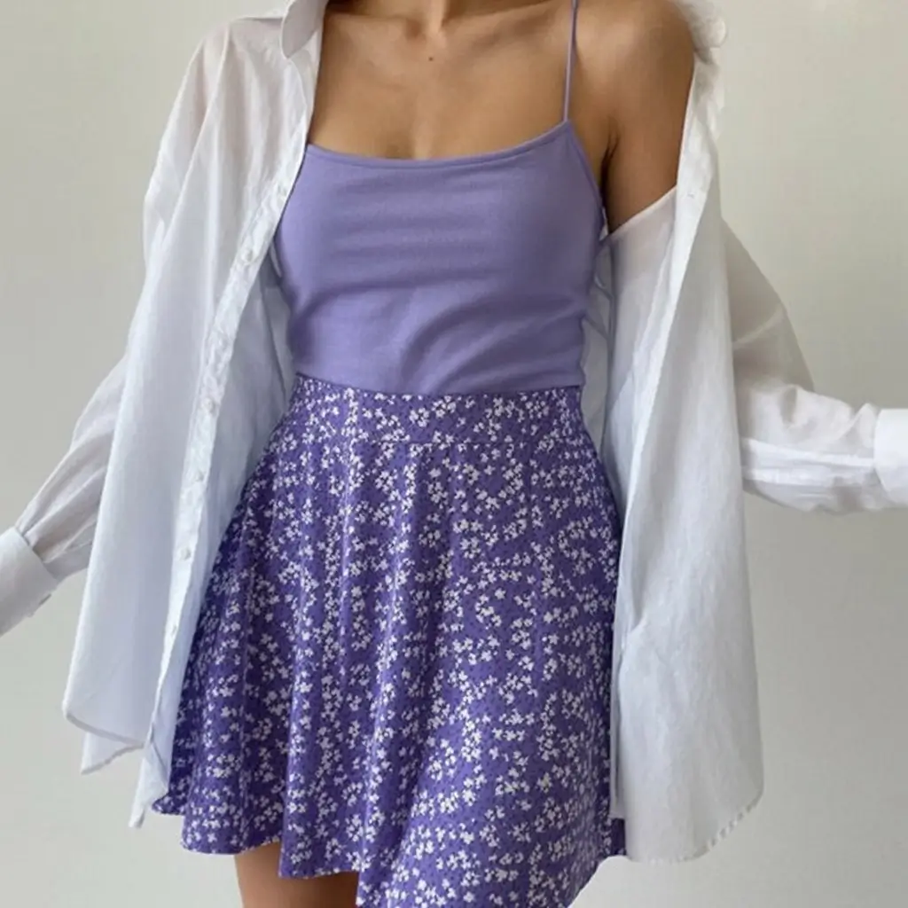 summer skirt outfits 2026 Purple Floral Mini With Light Layered Summer Styling