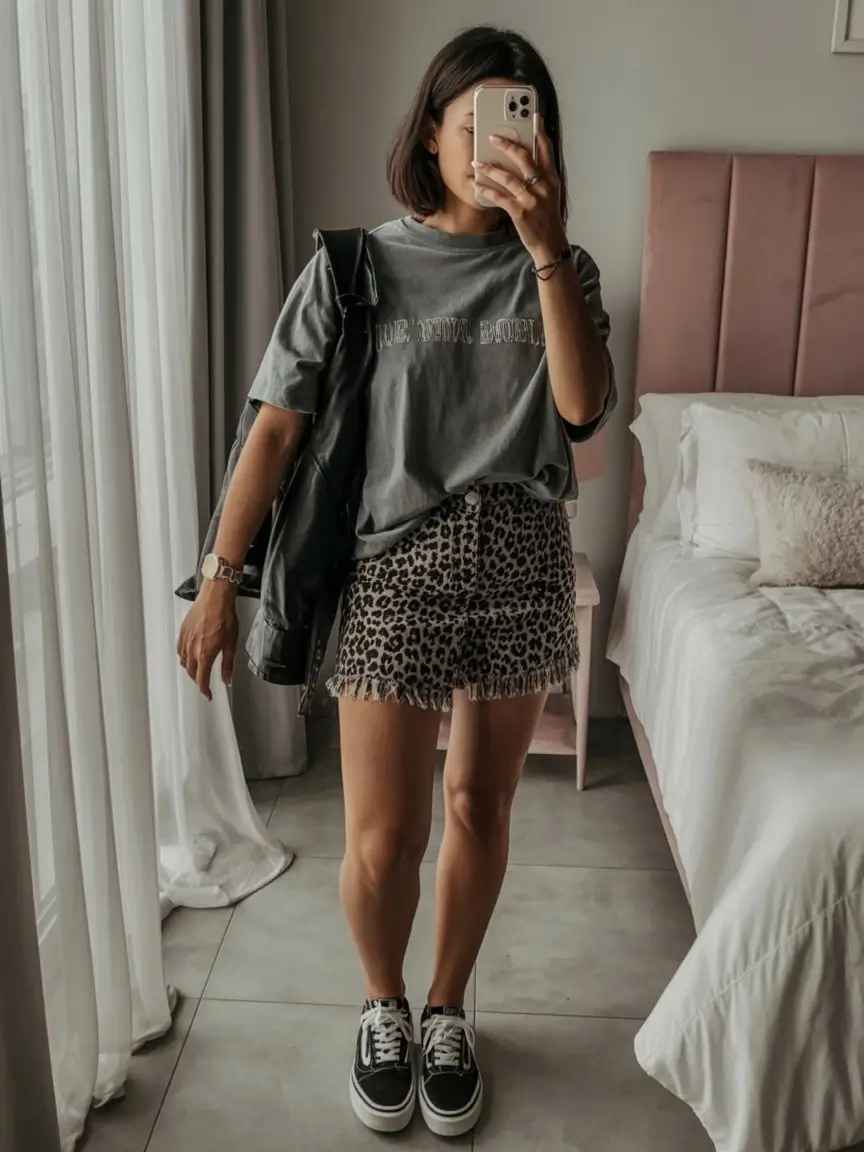 summer skirt outfits 2026 Leopard Mini Skirt With Relaxed Graphic Tee Mood