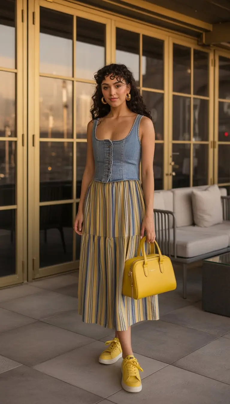 summer skirt outfits 2026 Striped Midi Skirt With Denim Corset Detail