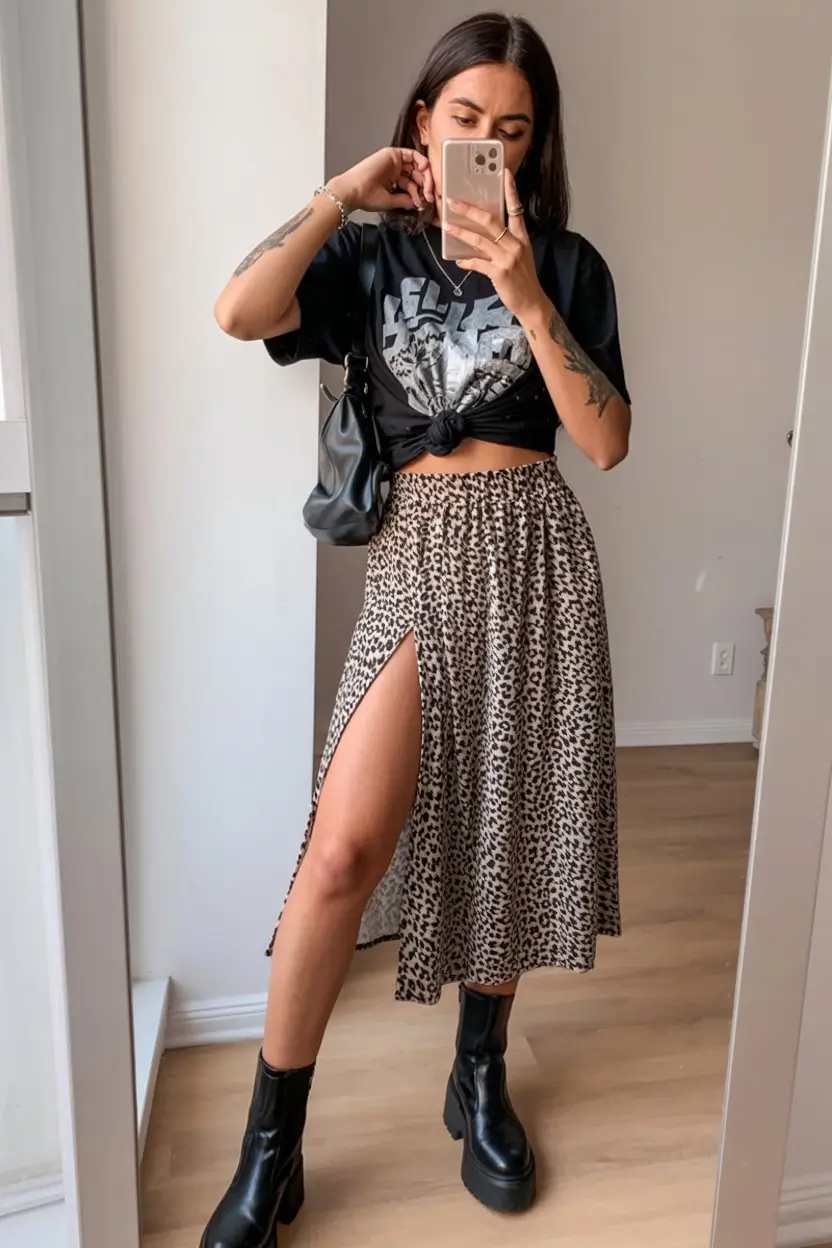 summer skirt outfits 2026 Leopard Midi Skirt With Edgy Black Tee Balance