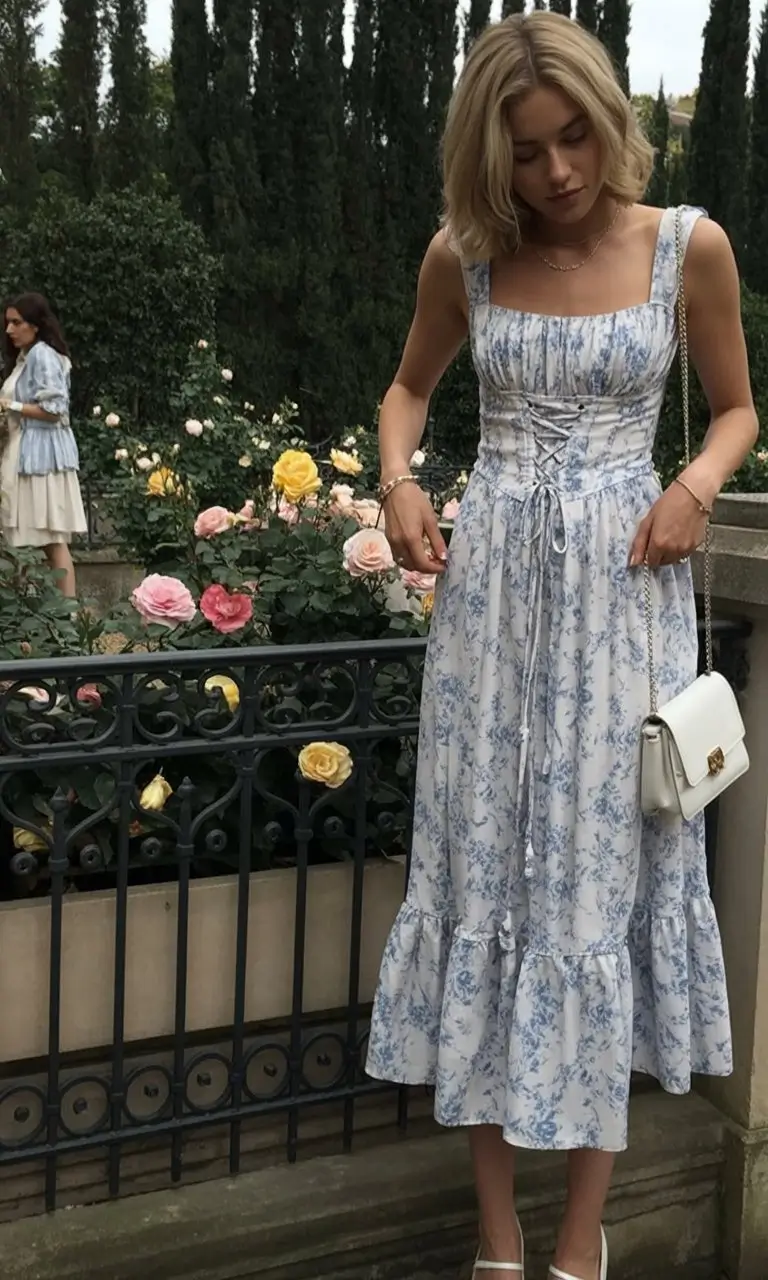 summer skirt outfits 2026 Romantic Blue Floral Midi Dress Inspired Skirt Look