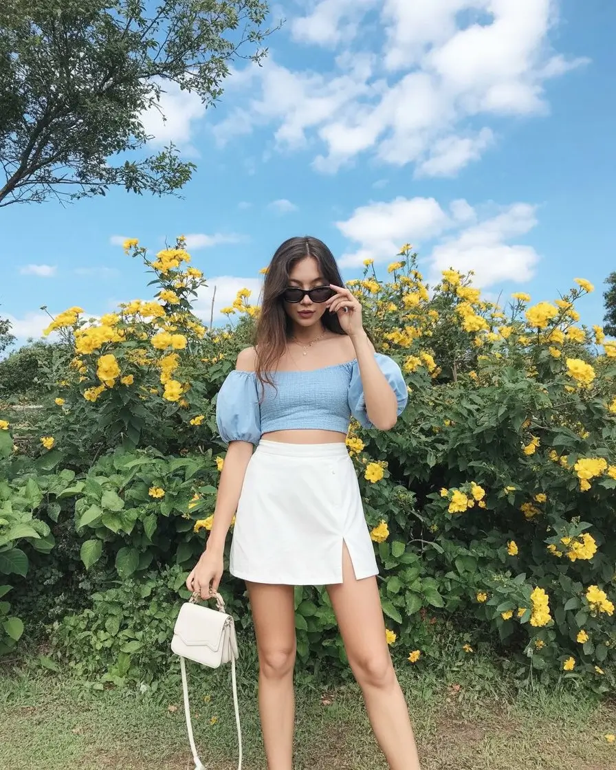 summer skirt outfits 2026 White Mini Skirt With Soft Blue Summer Top