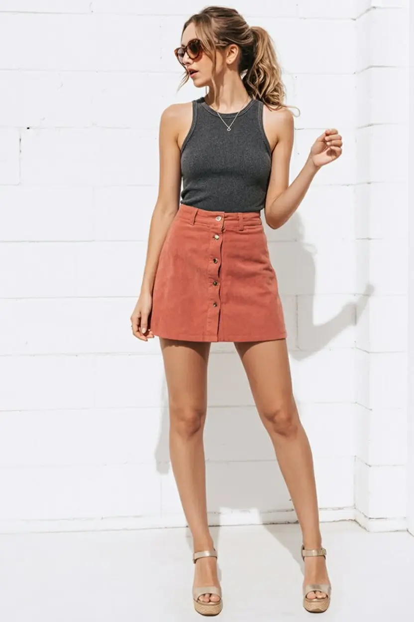 summer skirt outfits 2026 Minimal Tank With a Structured Short Skirt