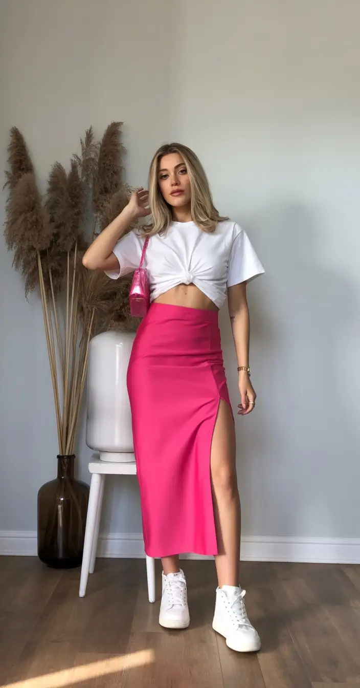 summer skirt outfits 2026 Bold Pink Midi Skirt With a Relaxed Tee