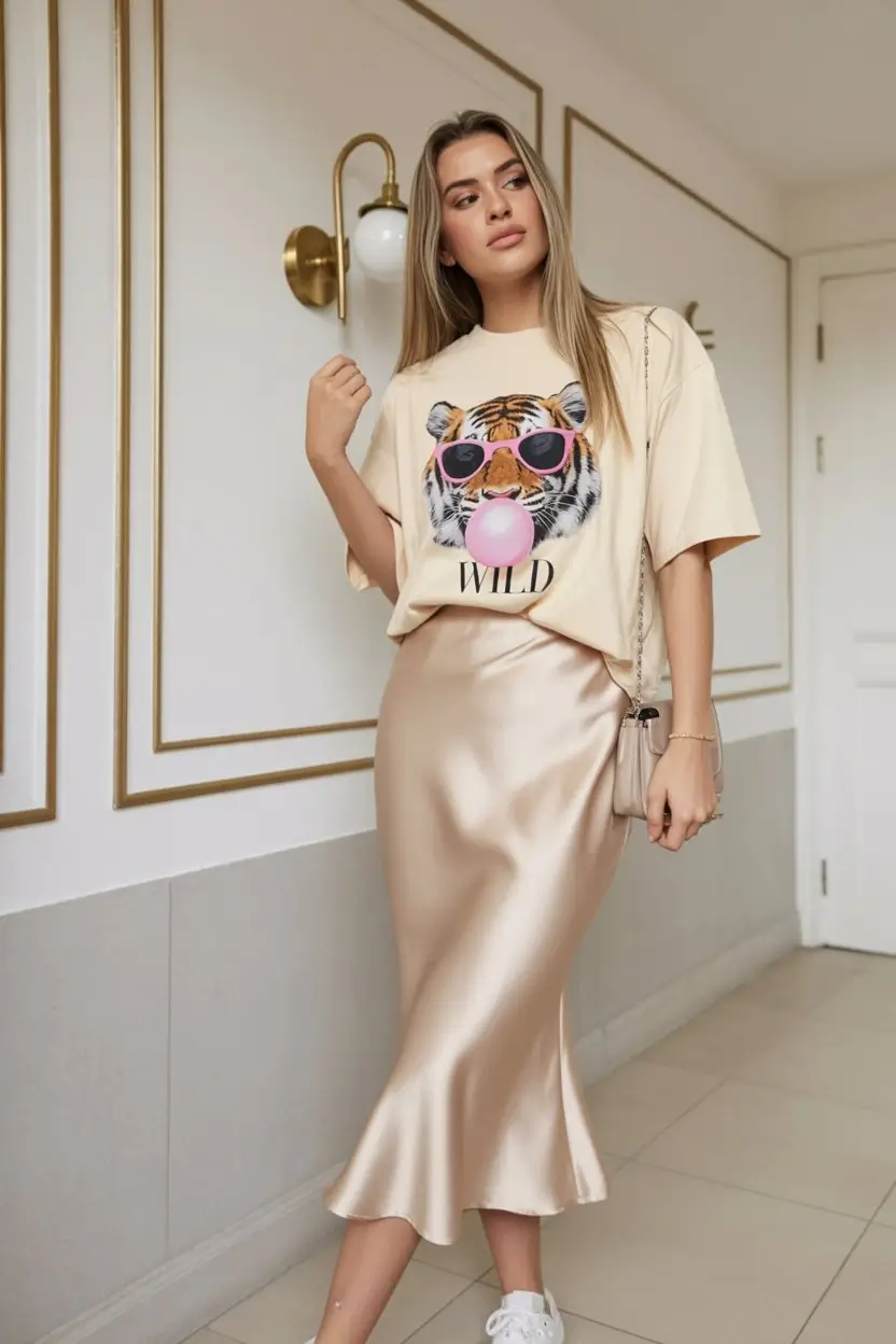 summer skirt outfits 2026 Satin Midi Skirt With Playful Graphic Tee Energy