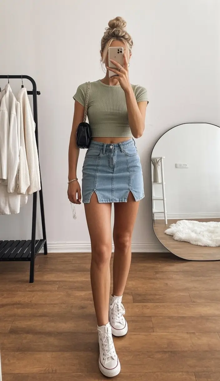 summer skirt outfits 2026 Denim Mini With a Clean Girl Summer Feel
