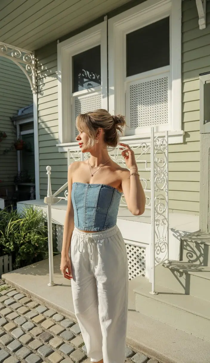 summer sleeveless tops for women 2026 Soft denim and white linen kind of morning
